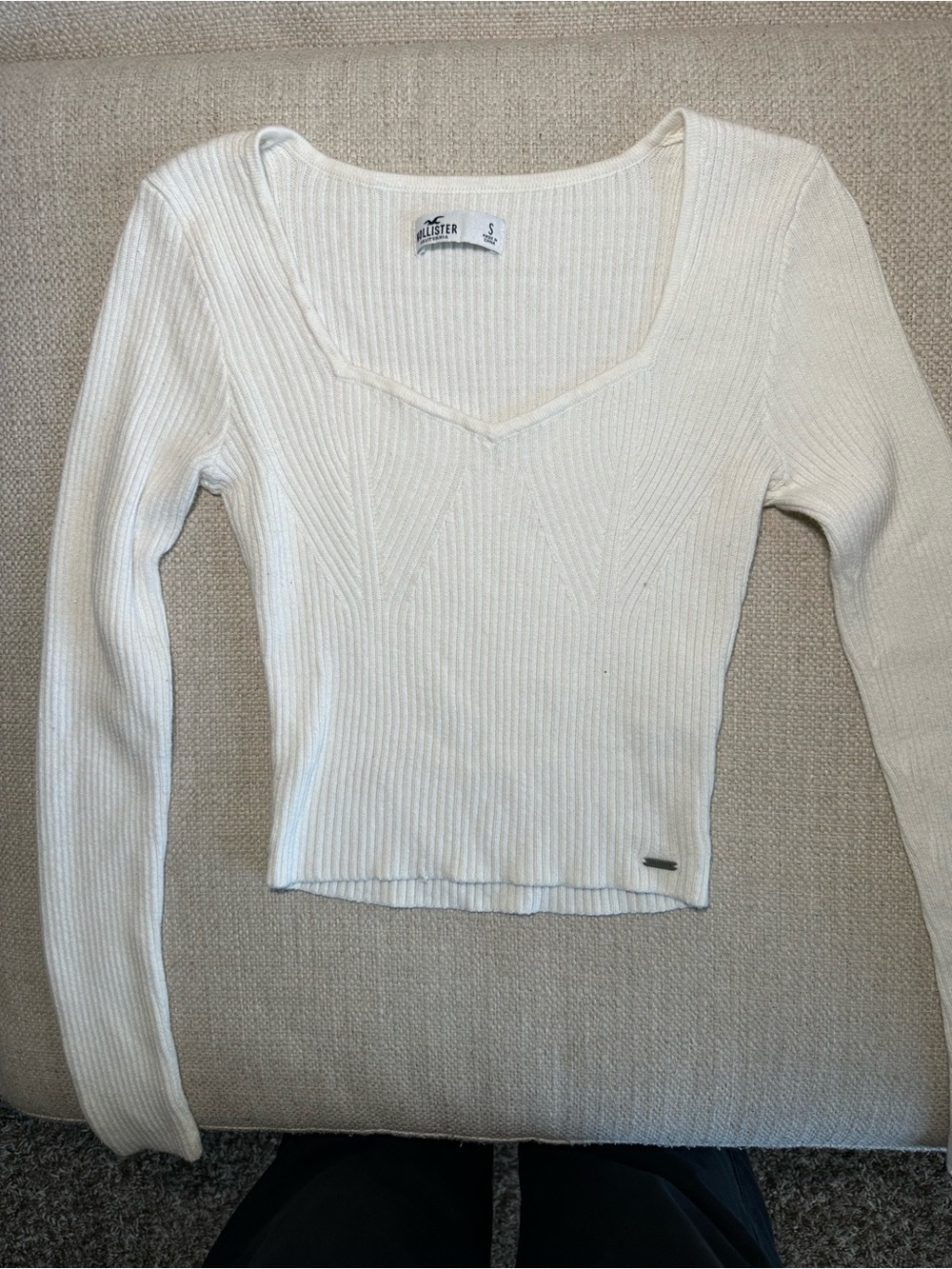Hollister Cream Ribbed V-Neck Long Sleeve Top